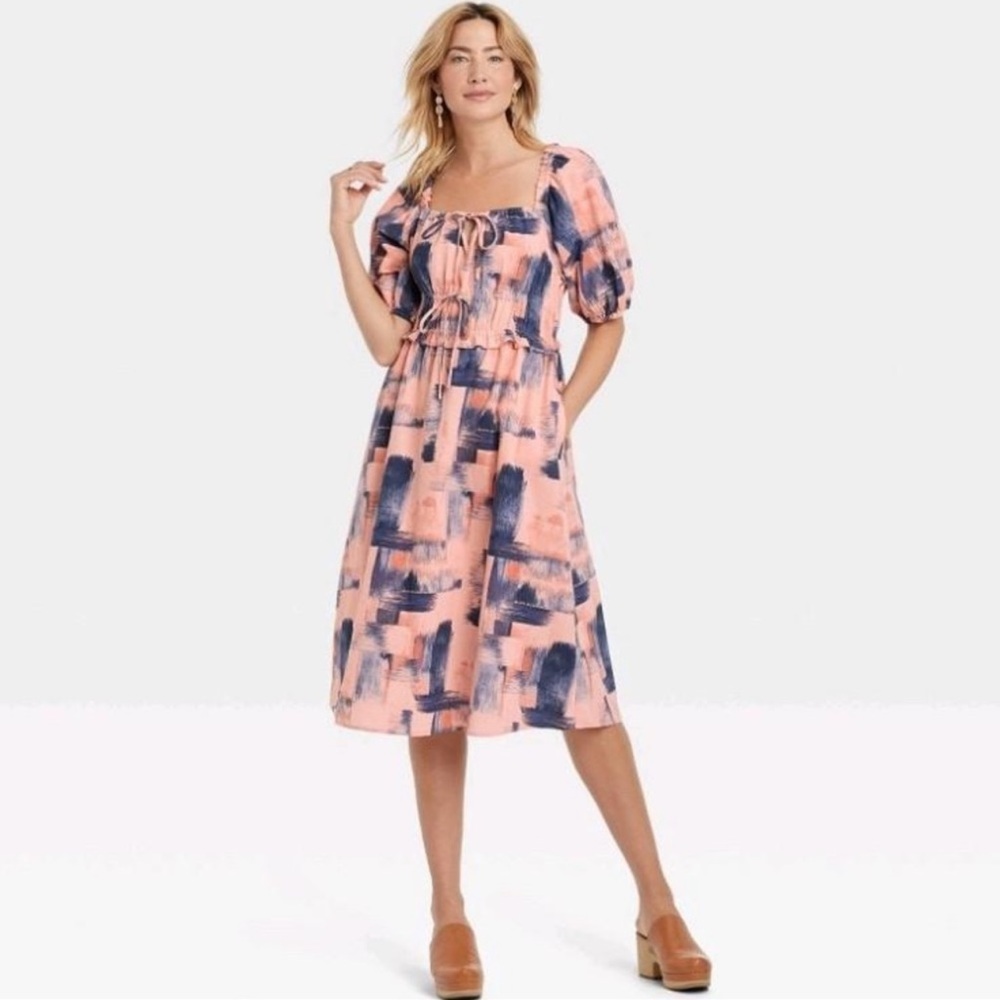 Universal Thread Milkmaid Dress Blush Print Puff Sleeve Midi Dress Size XS